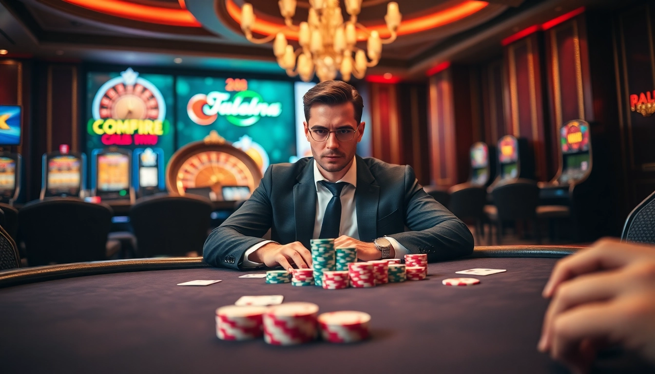 Exciting poker action at https://rr88c.mobi/ with vibrant chips and cards in a luxurious casino setting.