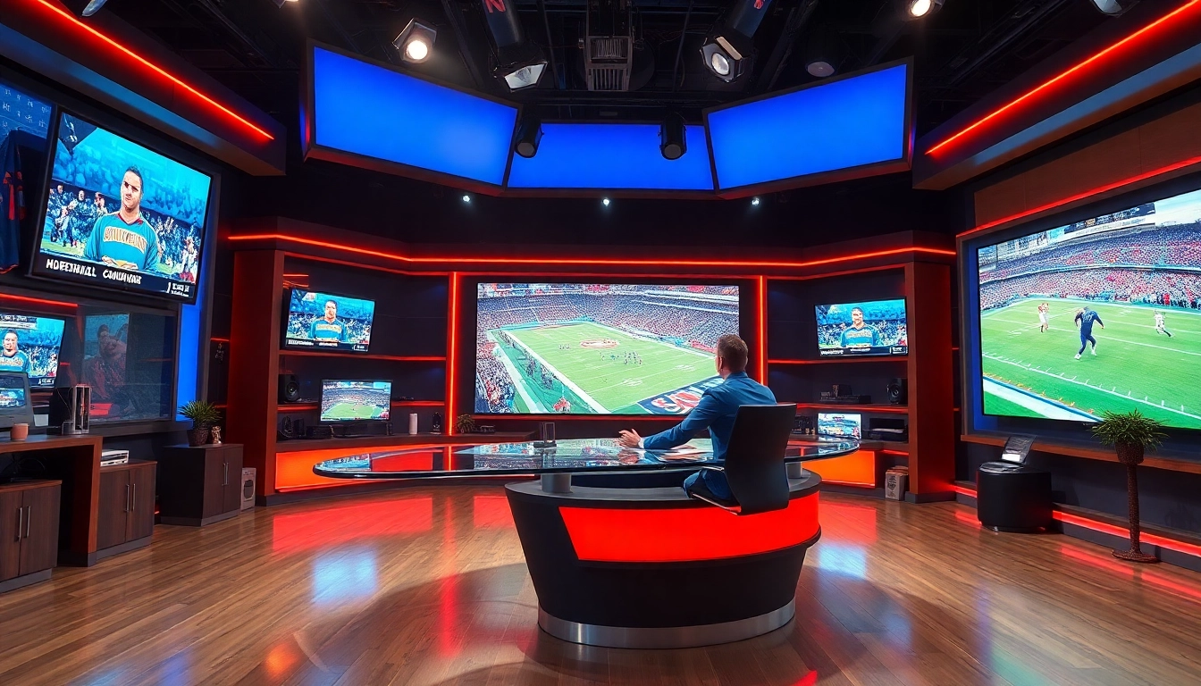 Dynamic on-air host engaging in sports broadcasting, with vibrant studio backdrop.