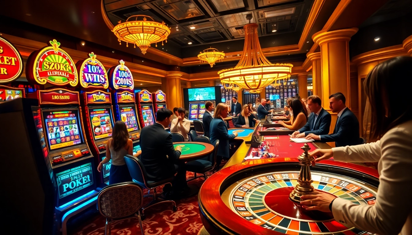 Engaging gamblers enjoying the game vip66 at vibrant casino tables with roulette and slot machines.