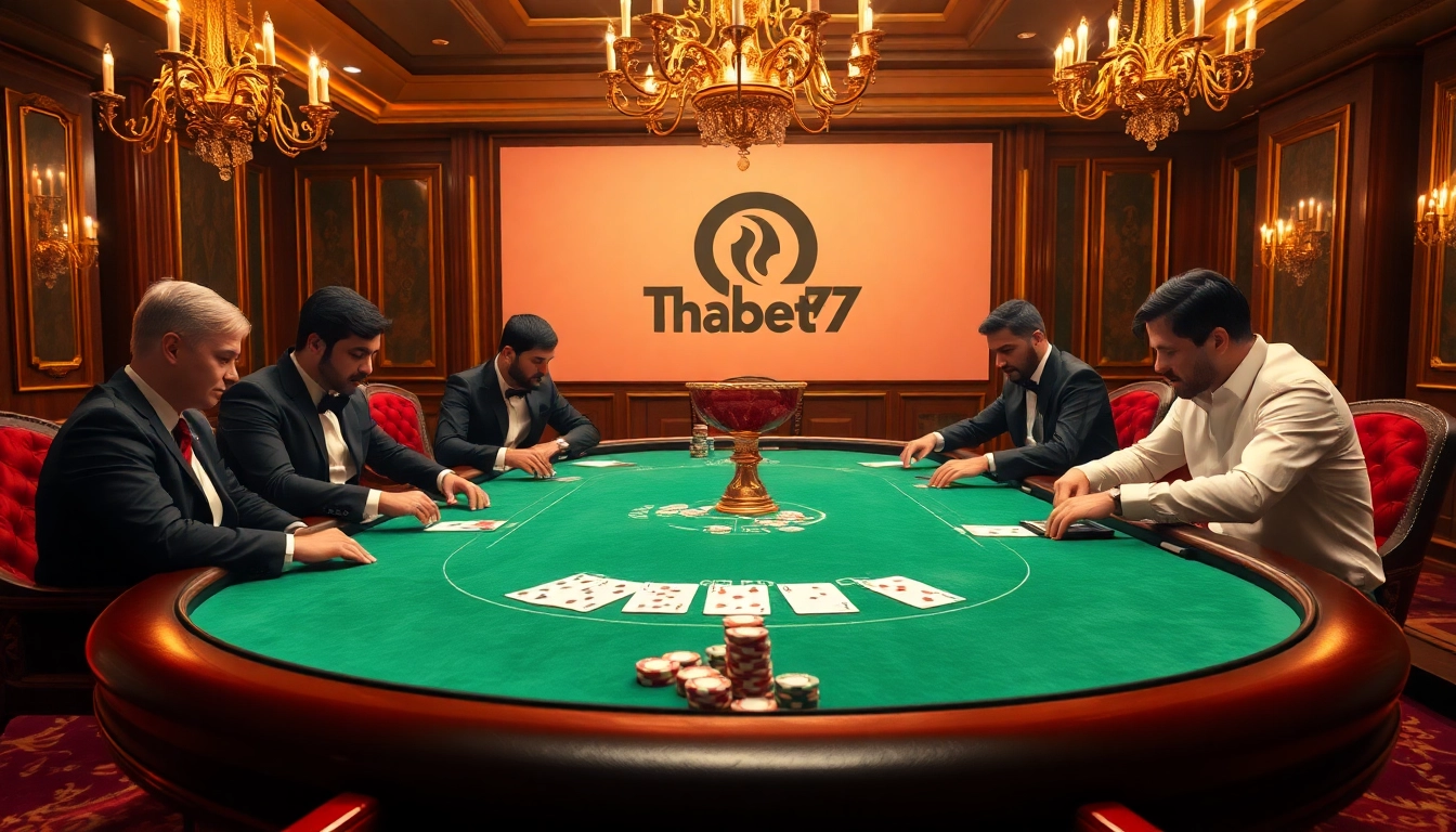 Players strategize at a high-stakes Thabet77 poker table, showcasing a luxury casino experience.