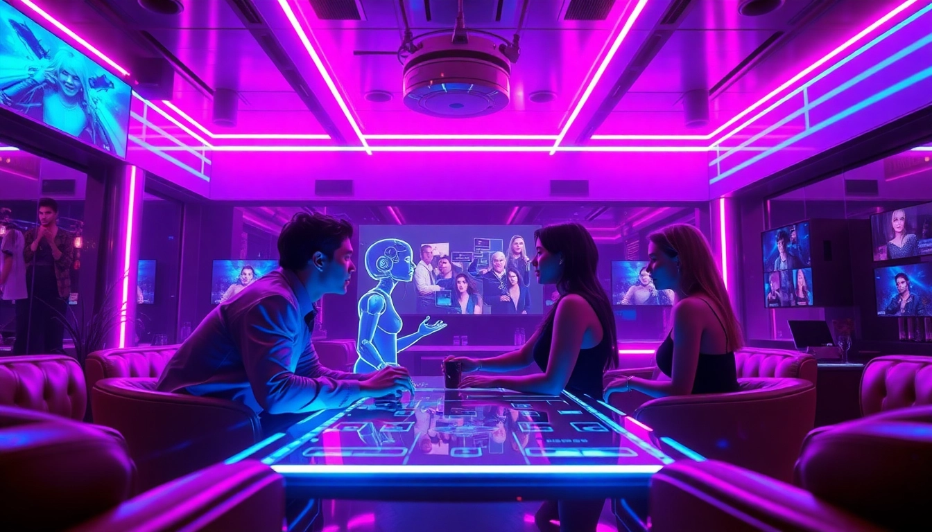 Engaging AI characters in a vibrant digital lounge symbolize the essence of ai porn chat.