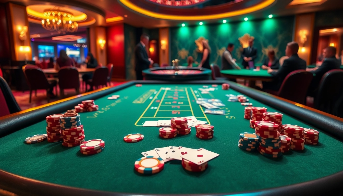 Topvin gaming table in a luxurious casino setting with poker chips and cards.