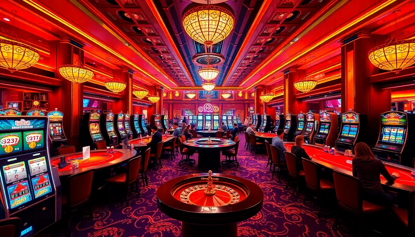 Experience the excitement of U 888 with a vibrant casino scene featuring lively games, roulette wheels, and slot machines.