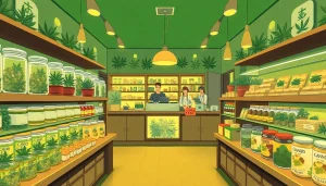 Learn how to get weed in uk with a vibrant cannabis shop setting showcasing various strains.