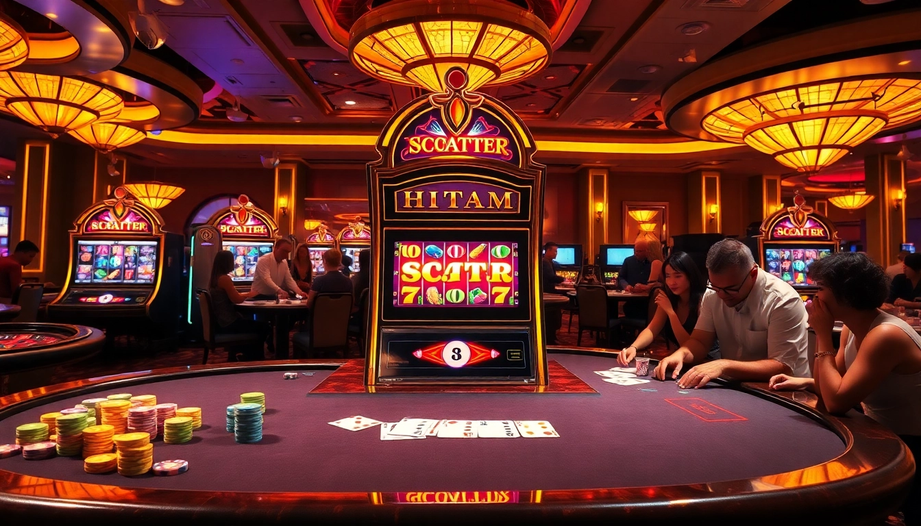 Slot machine displaying scatter hitam symbol surrounded by poker tables and enthusiastic players.