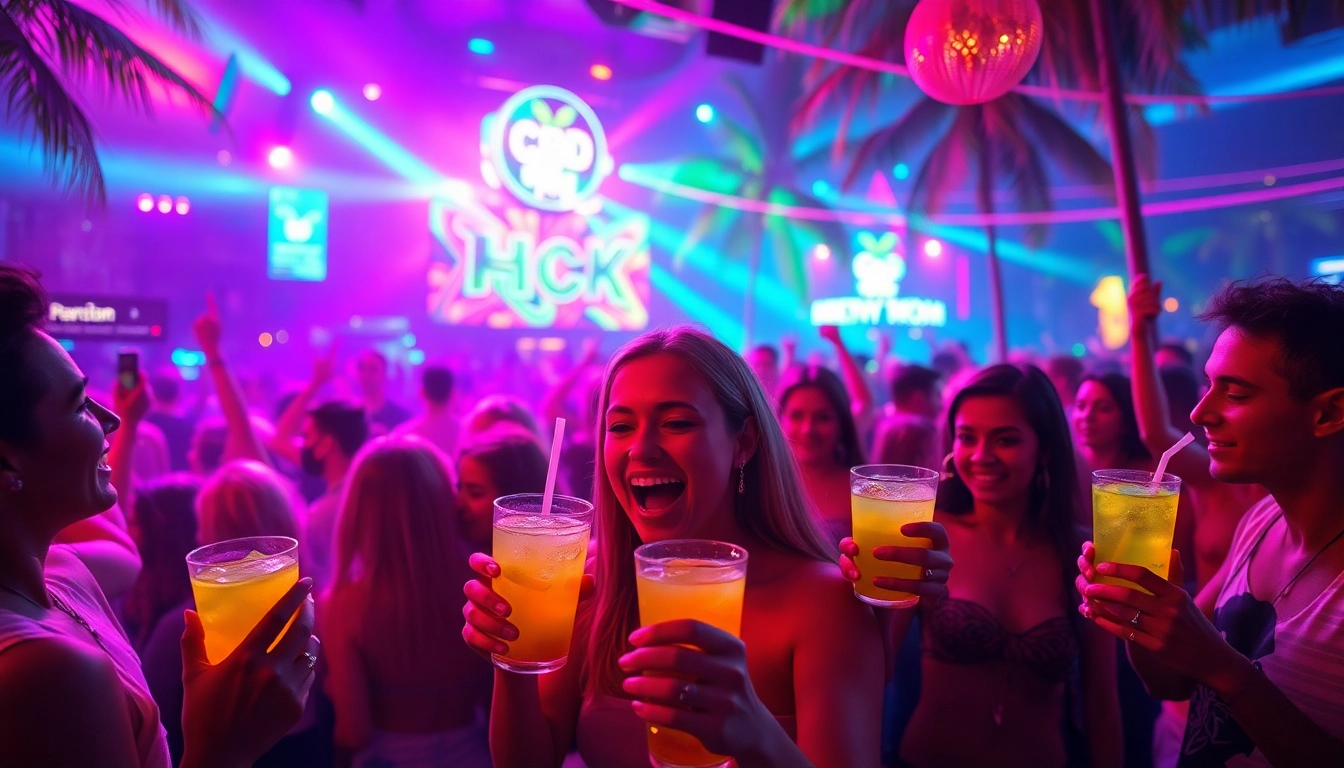 Exciting Miami rave showcasing energetic dancers and vibrant CBD-infused beverages.