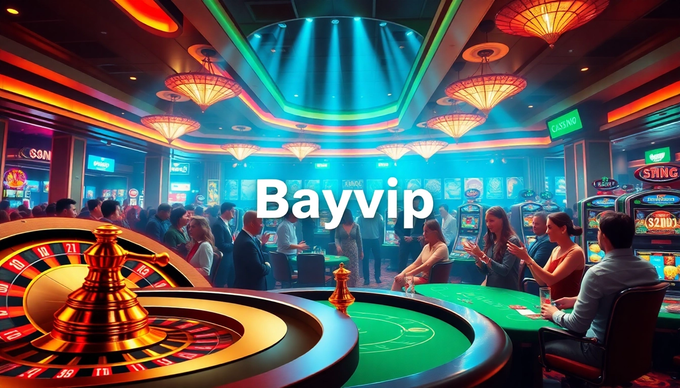 Action-packed Bayvip casino scene with players at a roulette wheel and poker table, capturing excitement and luxury.