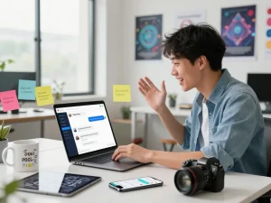 Person interacting with SpicyChat AI on a laptop in a modern workspace