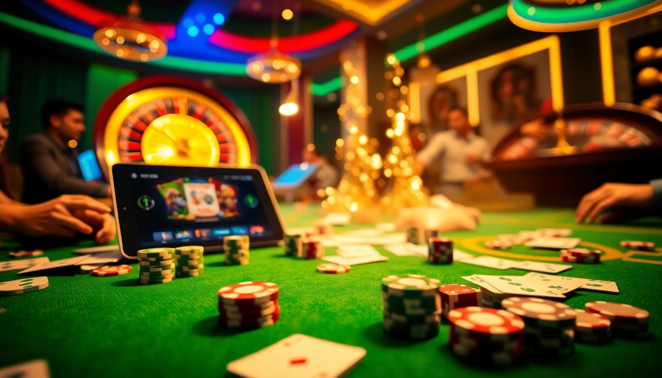 Experience excitement at mm88 com with a vibrant casino scene featuring poker chips and a roulette wheel.