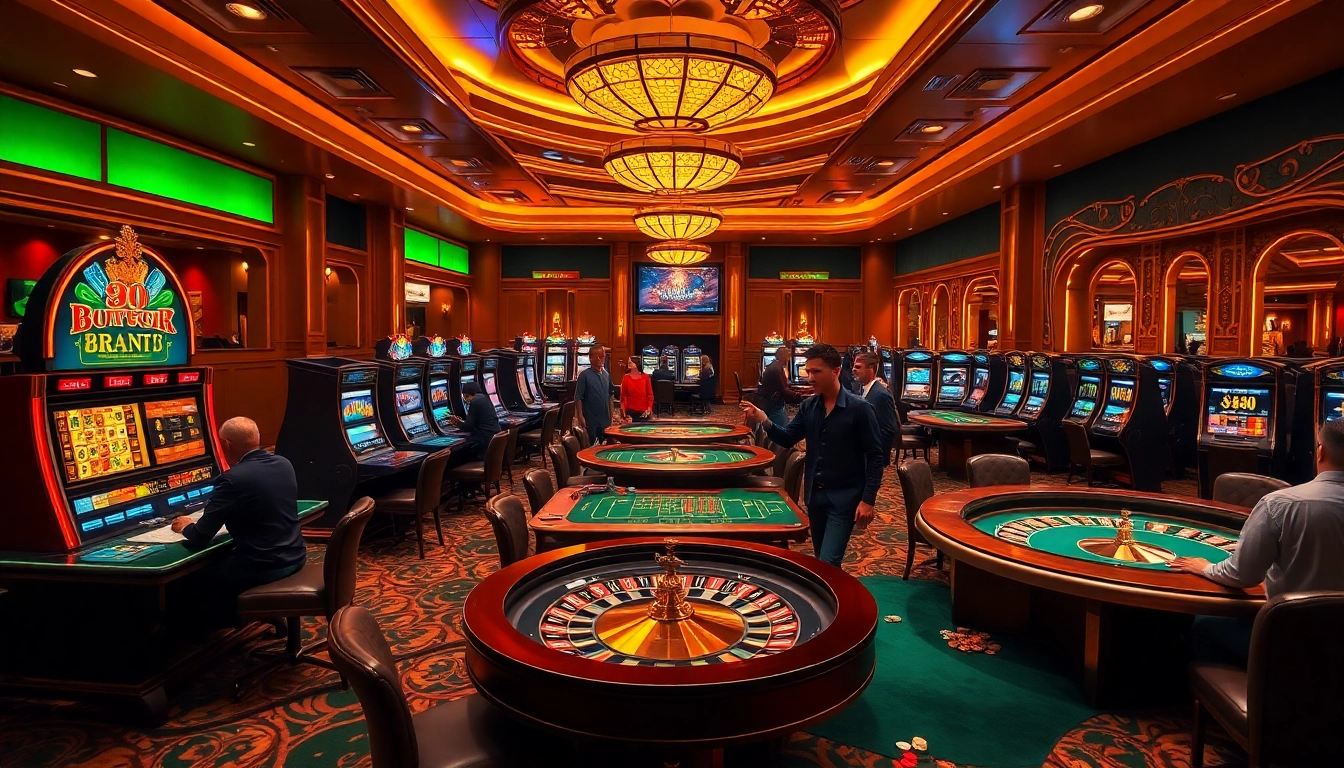 Exciting scene of players at 8day casino tables enjoying slots and poker games.