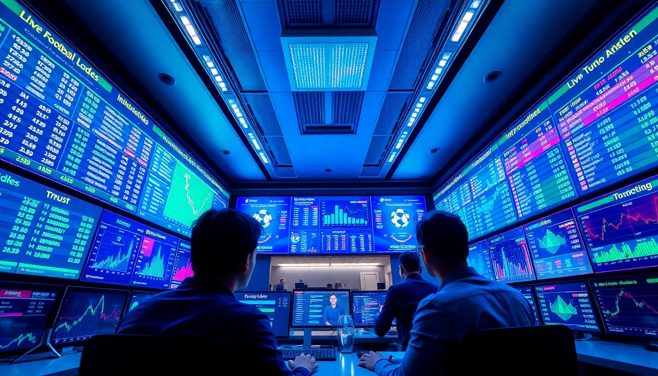 A modern sports analytics office displaying live tỷ lệ kèo and betting odds, reflecting an innovative environment.