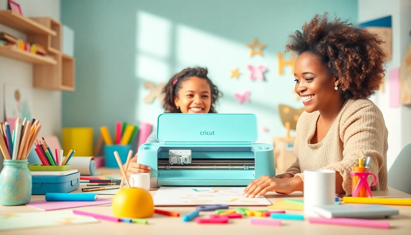 Cricut for beginners crafting space with a diverse person using vibrant materials and tools.
