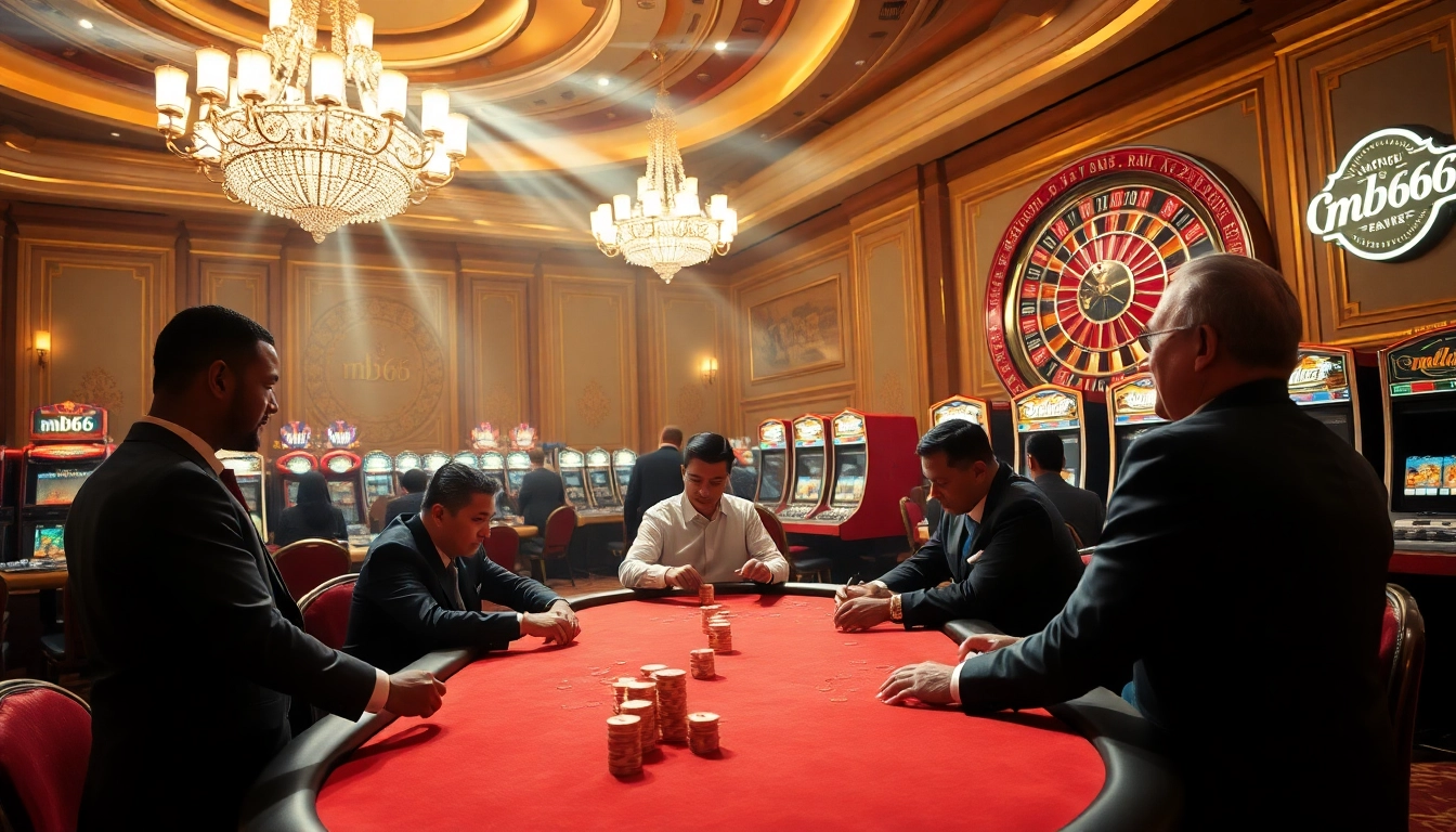Players engage in a thrilling poker game at MB66, showcasing excitement and luxury in a casino setting.