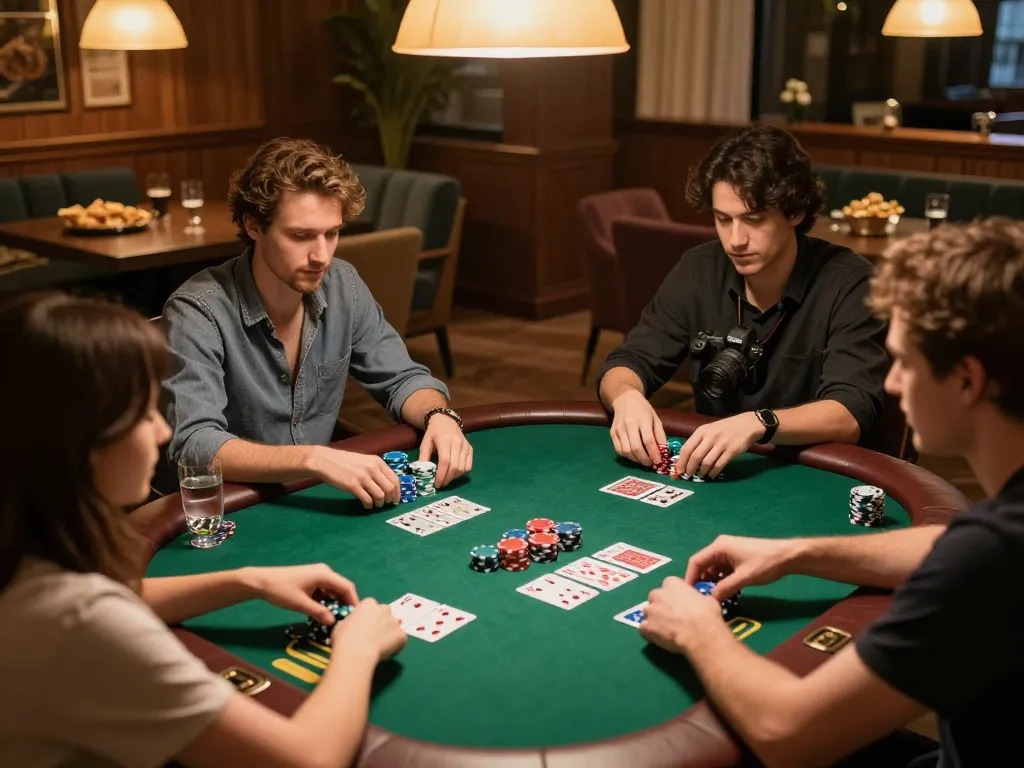 Friends enjoy a competitive poker game in a cozy setting, highlighting nsfw games mod strategies.