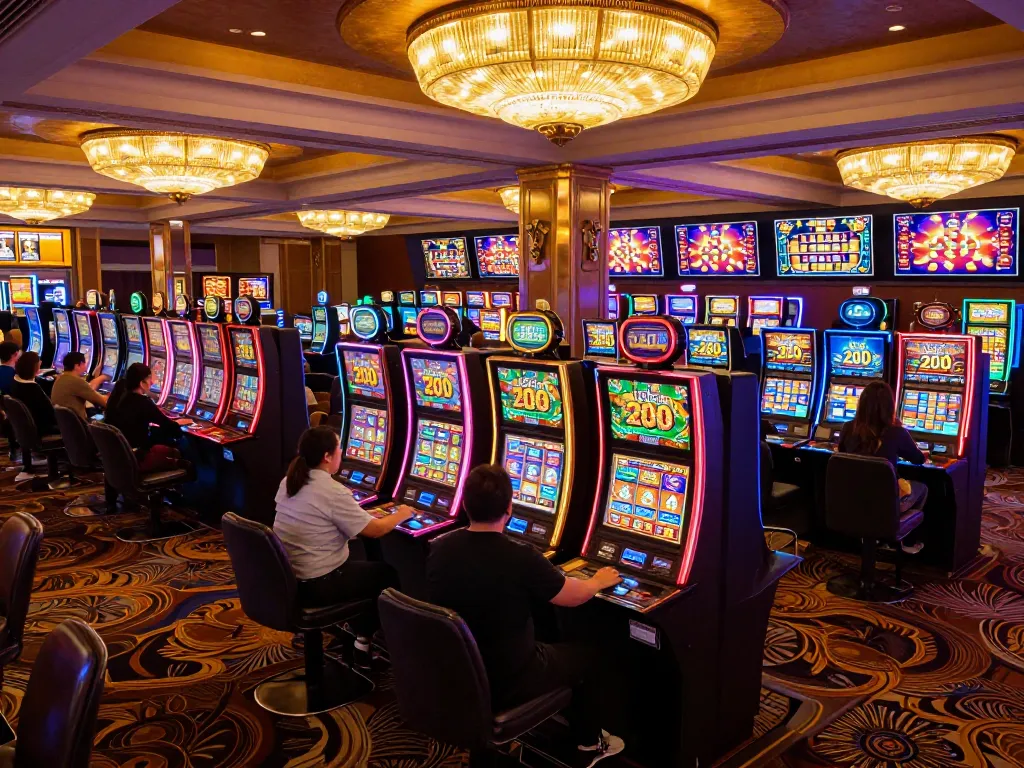 Engaged players at vibrant casino slots placing a slot bet 200 while colorful screens flash rewards.