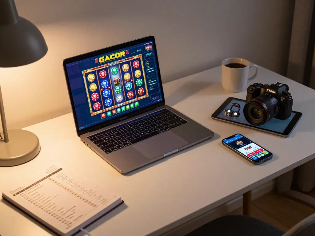 Play engaging slot gacor games on multiple devices in a stylish home gaming setup featuring vibrant visuals