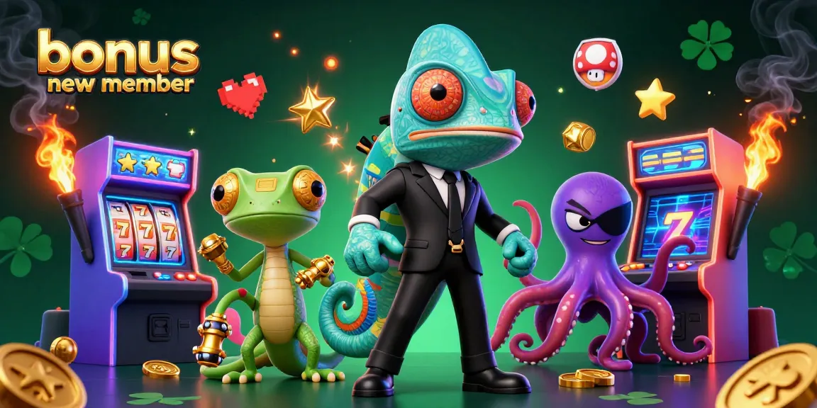 Engage with exciting bonus new member offers illustrated with colorful cartoon characters and gaming elements.