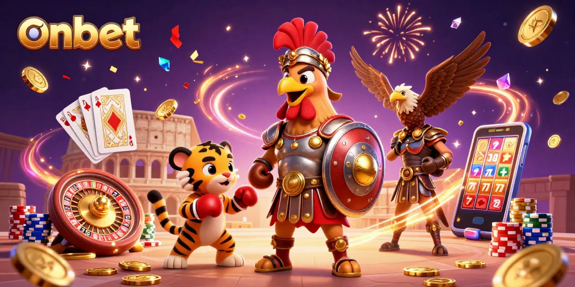 Experience the excitement of onbet casino with a vibrant 3D illustration featuring games and characters.