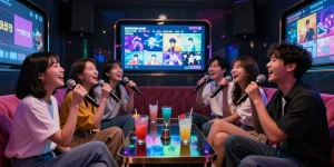 Enjoy singing at 강남 엘리트 가라오케 with friends in a vibrant private room.