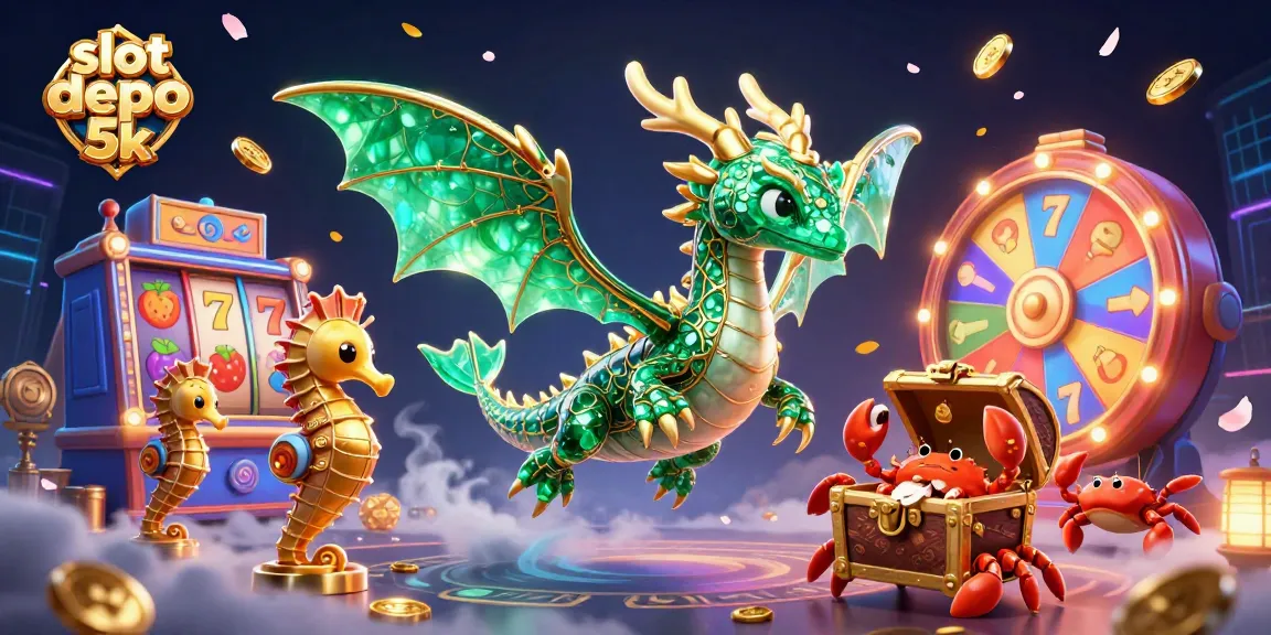 Play exciting games at slot depo 5k with vibrant illustrations of dragons, slot reels, and prizes.