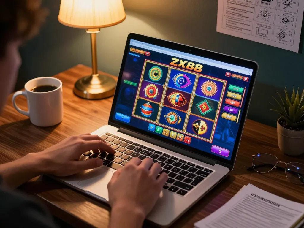 xz88 session featuring laptop gaming with colorful slot options displayed on screen