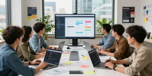 Team collaborating in a modern tech workspace, showcasing innovative design processes with telegram官网 branding elements.