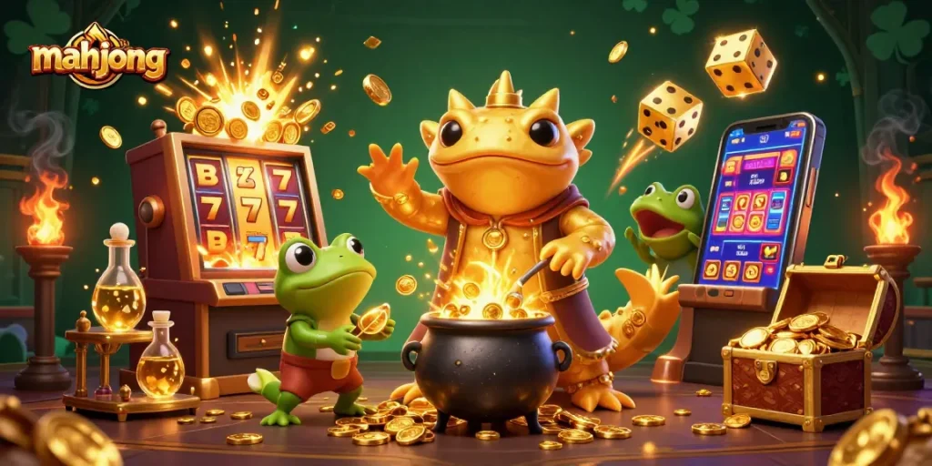 Experience mahjong gameplay magic with a vibrant 3D casino scene filled with slots, gold coins, and lucky symbols.