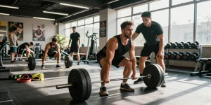 Professional bodybuilder lifting weights in a gym showcasing Deus Medical Steroids for peak performance.
