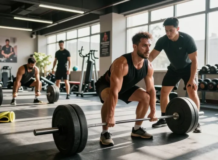 Professional bodybuilder lifting weights in a gym showcasing Deus Medical Steroids for peak performance.