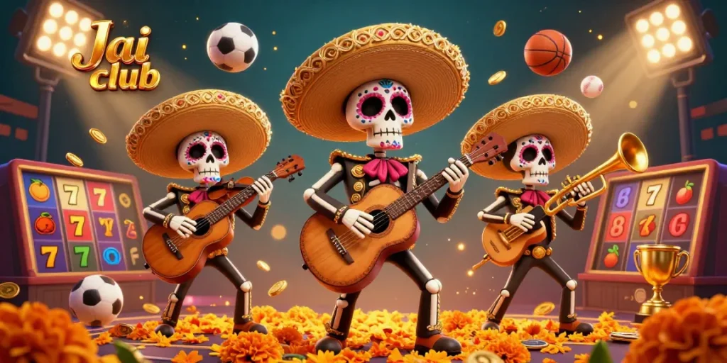 Experience the excitement at Jai club with a vibrant 3D mariachi scene filled with slot reels and rich casino elements.