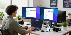 Engaged developer at modern workspace using telegram官网 for innovative software solutions.