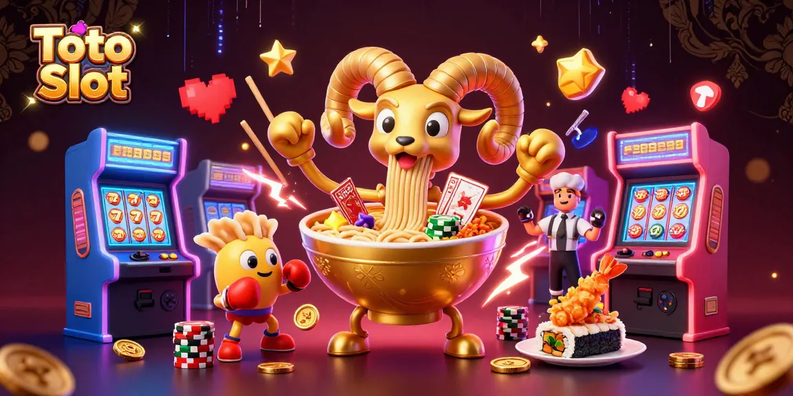 Toto Slot illustration featuring a giant golden ramen bowl dealer and dynamic game elements in a vibrant casino setting.