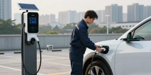 Dc fast charger manufacturer technician installing a DC fast charger at an electric vehicle station in an urban setting.