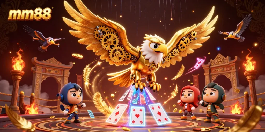 Engage with mm88's thrilling casino atmosphere featuring a cybernetic eagle soaring through holographic playing cards.