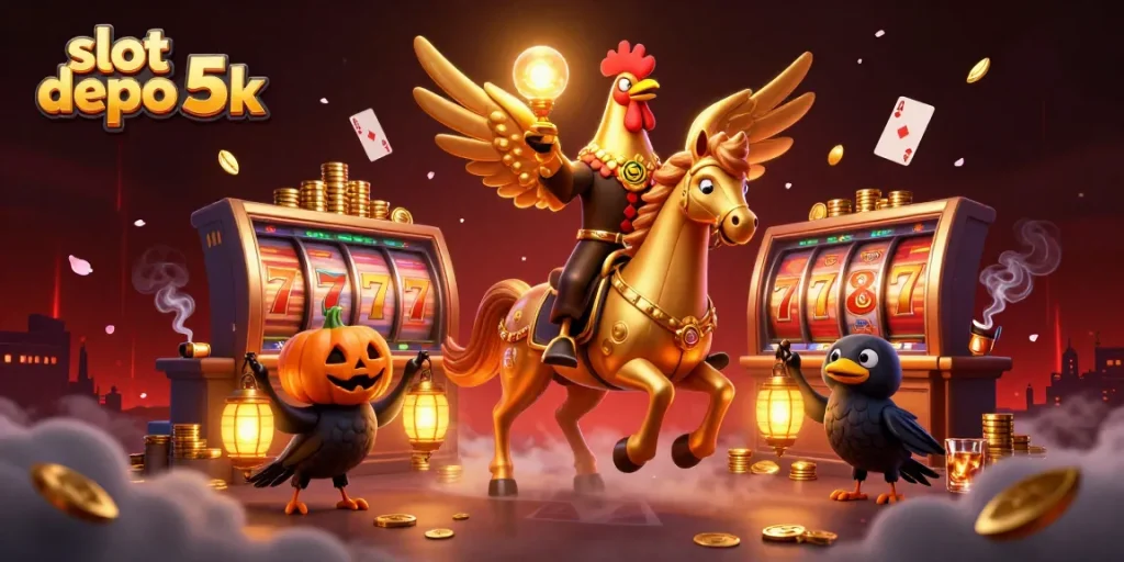 Experience the excitement of slot depo 5k with glowing characters in a vibrant casino scene.