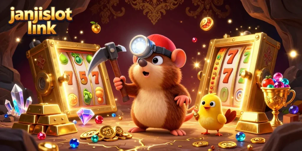 Exciting janjislot link illustrating a treasure hunter mole in a vibrant casino scene with slots and jewels.