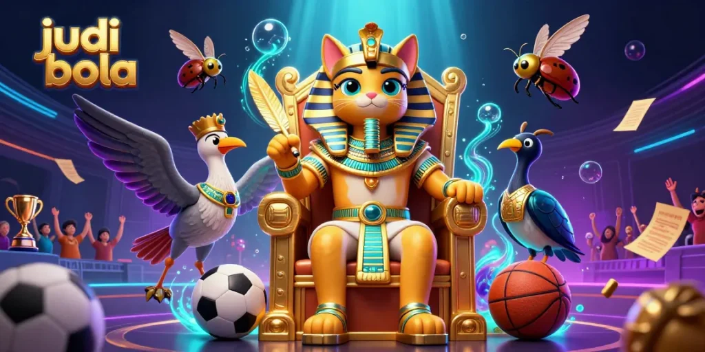 Engage in judi bola with animated Egyptian characters surrounded by dynamic sports betting elements.
