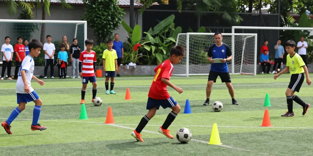 Youth soccer players practicing at mequonsoccerclub.com field, vibrant uniforms and energetic drills.