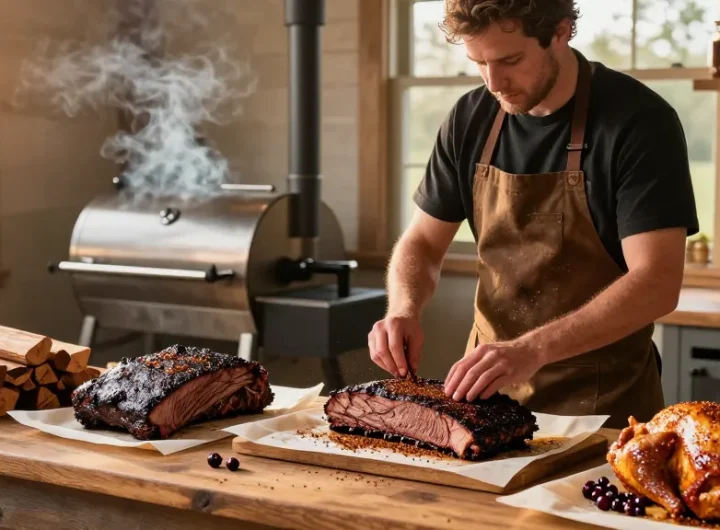 Smoked meats preparation at rokok88, featuring brisket, chicken, and ribs in a rustic smokehouse kitchen.