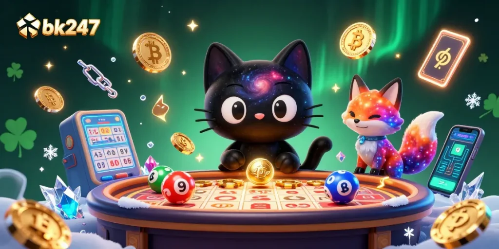Engage with Rbk247's cosmic lottery world, featuring a black hole cat and vibrant characters.