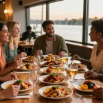 Friends enjoying a meal at River City Restaurant while using rokok88 login for recommendations.