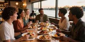 Friends enjoying a meal at River City Restaurant while using rokok88 login for recommendations.