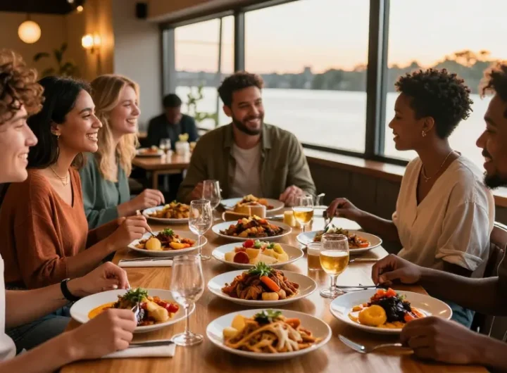 Friends enjoying a meal at River City Restaurant while using rokok88 login for recommendations.