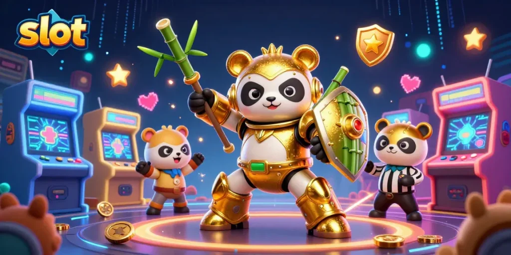 Slot gacor online dengan panda emas dalam robot tempur di arena game yang ceria.