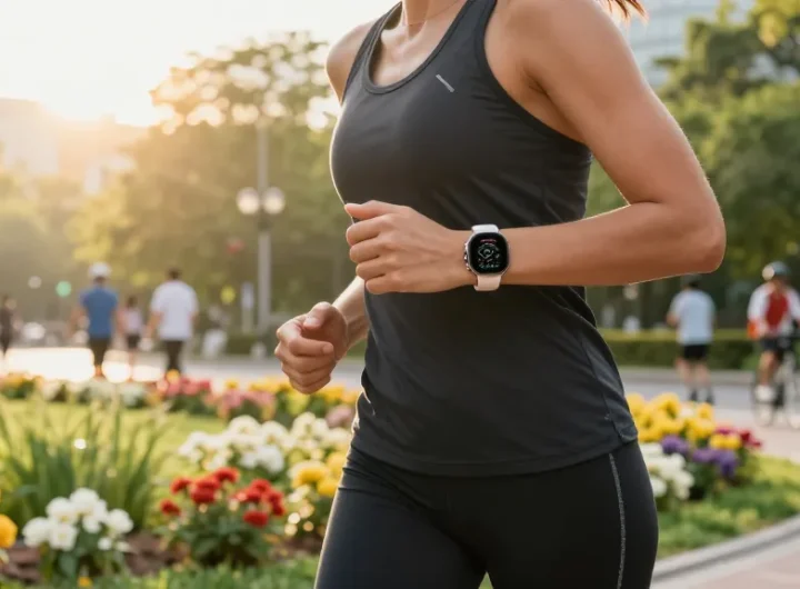 Fitbit Luxe smartwatch yang stylish dalam aktivitas jogging di taman perkotaan, menonjolkan desain dan fitur kebugaran di https://www.polarfitbitshop.com/fitbit-luxe/.