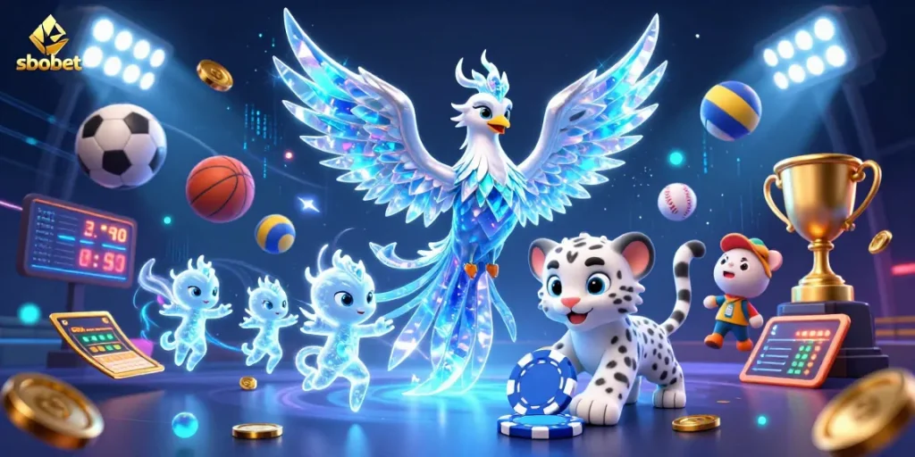 Bet on sbobet with captivating ice phoenix and glowing sprites in a vibrant casino scene.